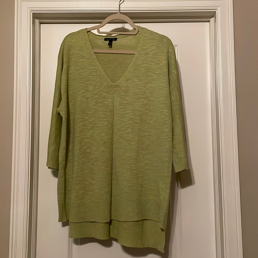 Large Green Eileen Fisher v-neck, three quarter sleeved sweater.